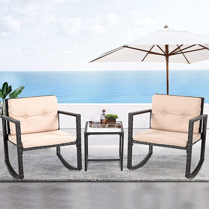 FDW Wicker Patio Furniture Outdoor Bistro Set, Rocking Chair, 3 Piece, Rattan Conversation Set for Backyard Porch Poolside Lawn with Coffee Table,Black - LeafyLoom