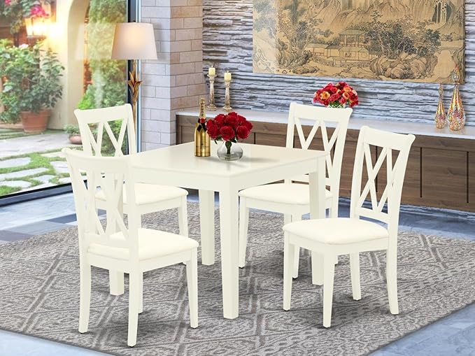East West Furniture OXCL5-LWH-C Oxford 5 Piece Room Furniture Set Includes a Square Kitchen Table and 4 Linen Fabric Upholstered Dining Chairs, 36x36 Inch - LeafyLoom