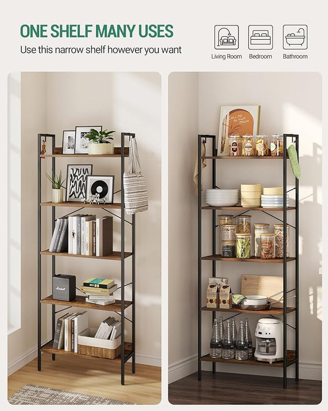 Bookshelf, Book Shelf, Industrial Bookcase with 2 Hooks, Coner Shelf Storage Organizer for Home Office, Living Room, Bedroom, Kitchen, 5-Tier Rustic Brown BC22501B - LeafyLoom