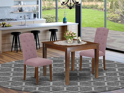 East West Furniture OXCE3-MAH-10 Oxford 3 Piece Kitchen Set for Small Spaces Contains a Square Dining Room Table and 2 Dahlia Linen Fabric Upholstered Chairs, 36x36 Inch - LeafyLoom