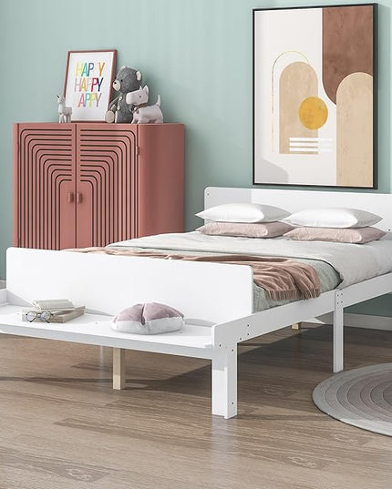 Full Bed with Footboard Bench, Full Kid Bed with Headboard, Wood Slat Support, Cute Kid Bed Frame with Book Storage Space, Full Car Bed for Boys Girls Bedroom, No Box Spring Needed, Grey - LeafyLoom