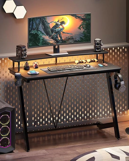 Gaming Desk with Power Outlets & Music Strip Lights,Computer Desk with Large Monitor Stand, PC Laptop Table for Small Spaces, Gamer Workstation with Cup Holder, Headphone Hook for Home Office - LeafyLoom