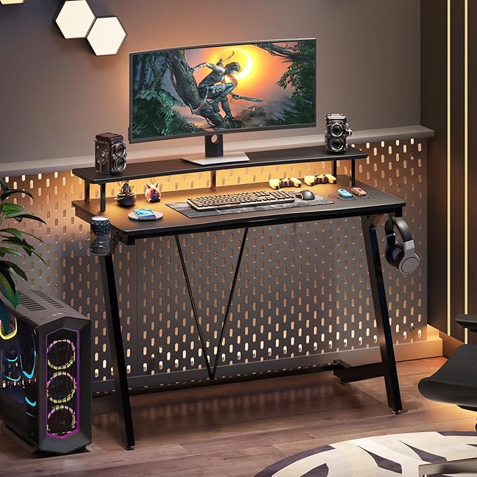 Gaming Desk with Power Outlets & Music Strip Lights,Computer Desk with Large Monitor Stand, PC Laptop Table for Small Spaces, Gamer Workstation with Cup Holder, Headphone Hook for Home Office - LeafyLoom