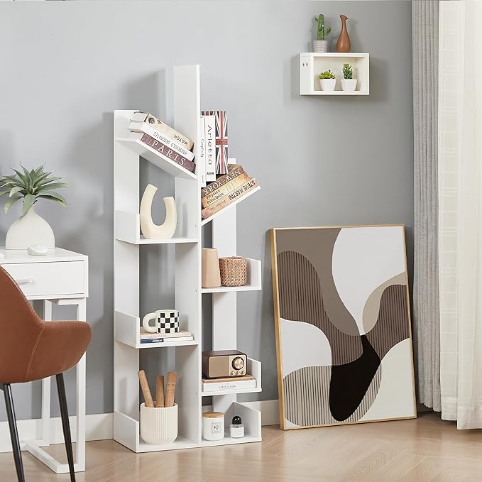 VECELO Tree Bookshelf,8 Shelf Storages Bookcase,Industrial Wooden Book Display Shelves for CDs/Movies/Books,FreeStanding Tree-Shaped Book Case Organizers for Home Office,Living Room,Ivory White - LeafyLoom