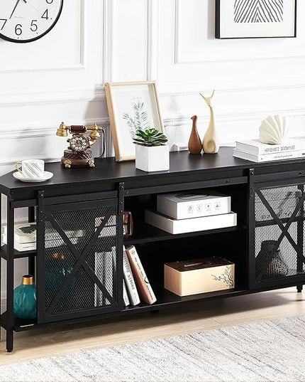 HOMISSUE Corner TV Stand, Corner TV Stand for 55 60 Inch TV, Industrial & Farmhouse Corner Entertainment Center w/Sliding Barn Door, Corner TV Cabinet for Living Room, Black - LeafyLoom