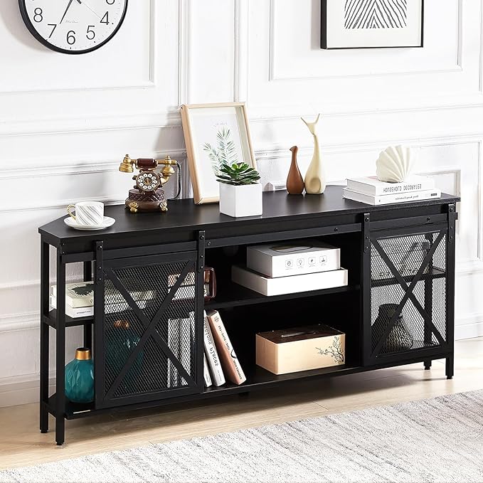 HOMISSUE Corner TV Stand, Corner TV Stand for 55 60 Inch TV, Industrial & Farmhouse Corner Entertainment Center w/Sliding Barn Door, Corner TV Cabinet for Living Room, Black - LeafyLoom