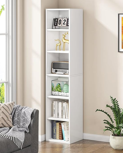 70.9 Inch Tall Narrow Bookcase, Corner Bookshelf 6 Tier Cube Display Shelf Storage Organizer for Small Space, White - LeafyLoom