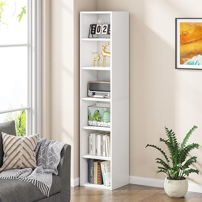 70.9 Inch Tall Narrow Bookcase, Corner Bookshelf 6 Tier Cube Display Shelf Storage Organizer for Small Space, White - LeafyLoom