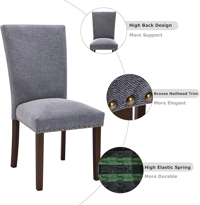 COLAMY Upholstered Parsons Dining Chairs Set of 4, Fabric Dining Room Kitchen Side Chair with Nailhead Trim and Wood Legs - Dark Grey - LeafyLoom