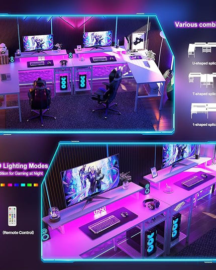 L Shaped Desk, 55 Inch Reversible Computer Desk with Magic Power Outlet and Cool LED Light, Sturdy Corner Office Desk with Ergonomic Monitor Stand, Gaming Table, Attractive Grid Design, White - LeafyLoom