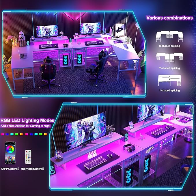 L Shaped Desk, 55 Inch Reversible Computer Desk with Magic Power Outlet and Cool LED Light, Sturdy Corner Office Desk with Ergonomic Monitor Stand, Gaming Table, Attractive Grid Design, White - LeafyLoom