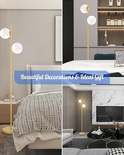 Mid Century Modern 2 Frosted Glass Globe Floor Lamp for Living Room,Contemporary LED Standing Light, Gold Corner Pole Office Bedroom, Study Room, Hotel, Antique Brass Lighting - LeafyLoom