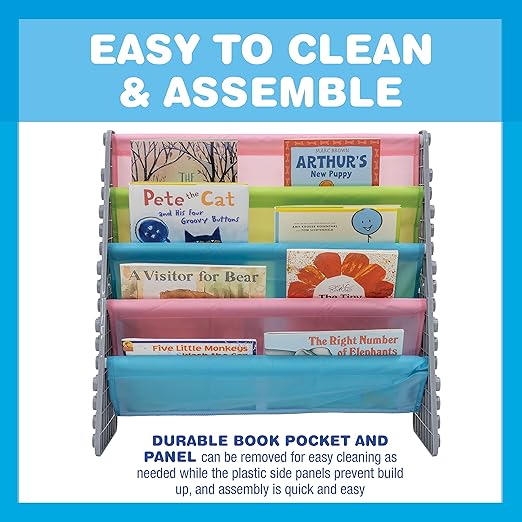 UNiPLAY Kids 4-Tier Book Storage Organizer with Sling Book Pockets, Plastic Sling Rack Bookshelf for Playroom, Fits Blocks, Gray/White - LeafyLoom