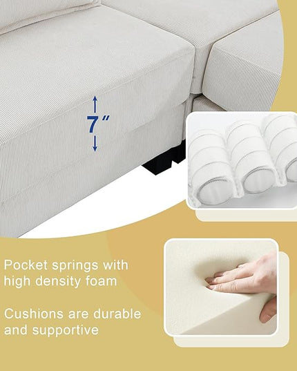 133" Corduroy 6 Seat Freely Combinable Sofa with Armrest Bags,U Shaped Indoor Solid Wood Sectional Couch w/Pillows,for Living Room,Bedroom,Apartment,Office,Lounges,Beige - LeafyLoom