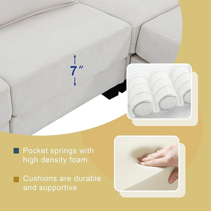 133" Corduroy 6 Seat Freely Combinable Sofa with Armrest Bags,U Shaped Indoor Solid Wood Sectional Couch w/Pillows,for Living Room,Bedroom,Apartment,Office,Lounges,Beige - LeafyLoom