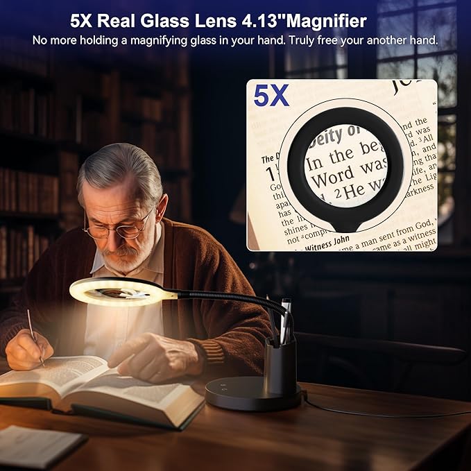 5X Magnifying Glass with Light, Lighted Magnifying Glass with Stepless Dimmable Pen Holder, Diamond Painting Accessories for Close Work Diamond Painting Accessories Crafts - LeafyLoom