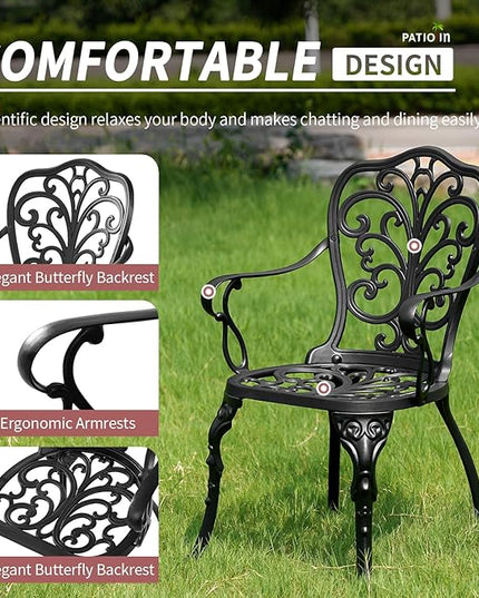 Bistro Table and Chairs Set of 2, Cast Aluminum Patio Furniture, Outdoor Bistro Set 3 Piece with Umbrella Hole for Balcony Porch Yard - LeafyLoom