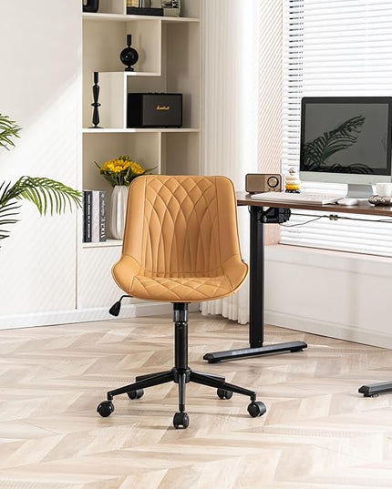 YOUNIKE Armless Office Chair with Wheels Tan Desk Chair Swivel Rolling Computer Task Chair with Back Upholstered Faux Leather Rocking Gaming Chair Height Adjustable Modern Ergonomic Wide Seat - LeafyLoom