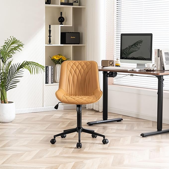YOUNIKE Armless Office Chair with Wheels Tan Desk Chair Swivel Rolling Computer Task Chair with Back Upholstered Faux Leather Rocking Gaming Chair Height Adjustable Modern Ergonomic Wide Seat - LeafyLoom