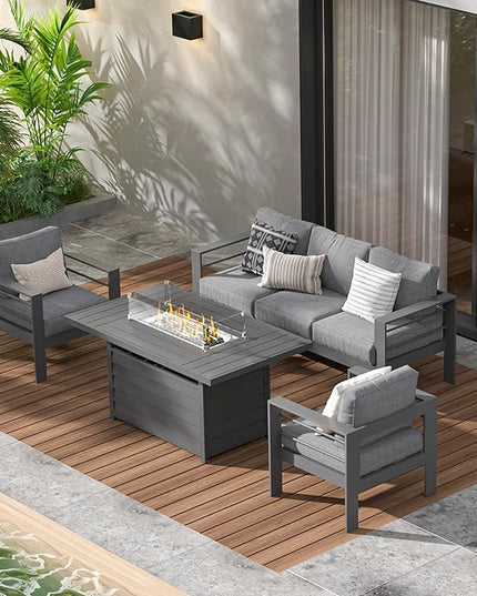 Wisteria Lane Aluminum Patio Furniture Set, 4 Pcs Metal Outdoor Furniture Set with CSA Certified 54in Propane Gas Fire Pit Table, Patio Conversation Set with 5in Olefin Cover Cushions, Dark Grey - LeafyLoom