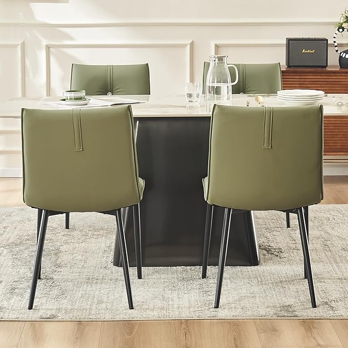 YOUTASTE Dining Chairs Set of 2 Mid Century Modern Upholstered Leather Kitchen Chairs Soft Padded Side Chairs Dinner Chairs with Metal Legs for Living Room Bedroom, Olive Green - LeafyLoom