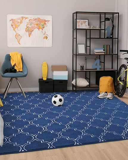 Chicrug Shag Geometric Modern Area Rug for Bedroom, 6x9 Feet Memory Foam Indoor Carpet, Fluffy Rug for Living Room Bedside Room Decor for Family Girls Kids Nursery Play Mat, Navy/White - LeafyLoom