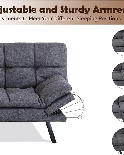 Futon Sofa Bed, Memory Foam Futon Sleeper Sofa Loveseat Convertible Couch Bed for Small Compact Living Spaces,Apartment,Grey Linen Fabric - LeafyLoom