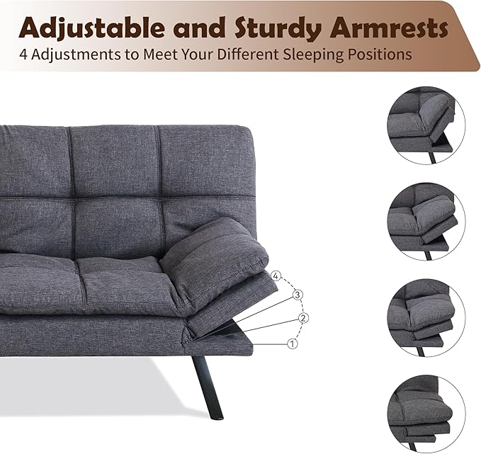 Futon Sofa Bed, Memory Foam Futon Sleeper Sofa Loveseat Convertible Couch Bed for Small Compact Living Spaces,Apartment,Grey Linen Fabric - LeafyLoom
