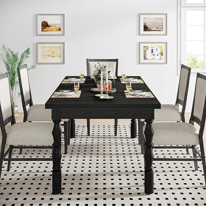 Tribesigns 62” Wood Dining Table for 4-6 People, Farmhouse Large Rectangle Kitchen Table, Modern Dinner Table Kitchen & Dining Room Furniture with Carved Turned Legs - LeafyLoom