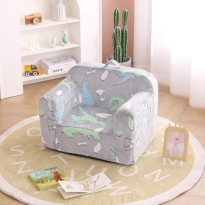 Tiita Kids Sofa, Children Couch with Carrying Handle & Side Pockets, Kids Foam Chair, Toddler Armrest Chair,Kids Read Sofa for Girl or Boy(Dark Grey Dinosaur) - LeafyLoom