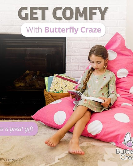 Butterfly Craze Bean Bag Chair Cover, Functional Toddler Toy Organizer, Fill with Stuffed Animals to Create a Jumbo, Comfy Floor Lounger for Boys or Girls, Stuffing Not Included, Pink Polka Dots - LeafyLoom