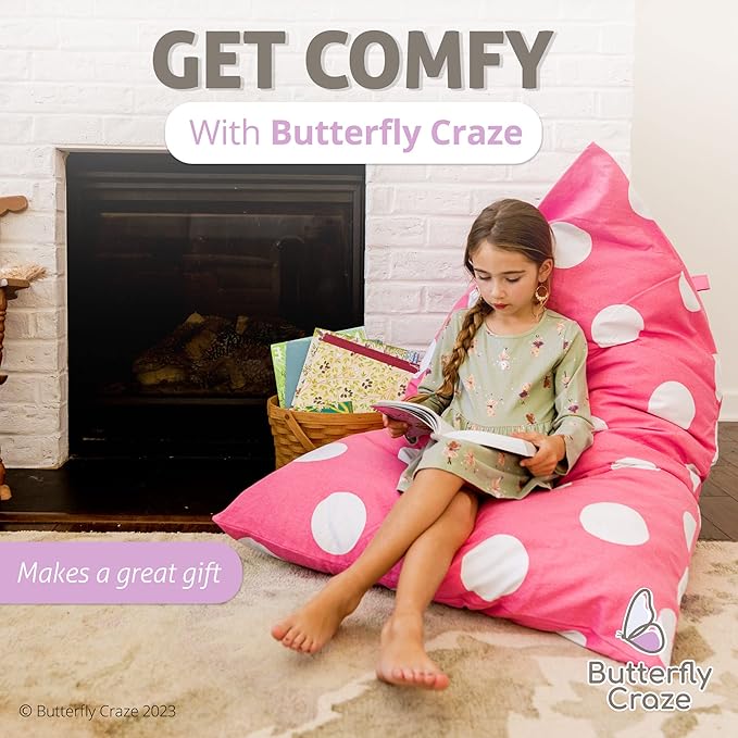 Butterfly Craze Bean Bag Chair Cover, Functional Toddler Toy Organizer, Fill with Stuffed Animals to Create a Jumbo, Comfy Floor Lounger for Boys or Girls, Stuffing Not Included, Pink Polka Dots - LeafyLoom