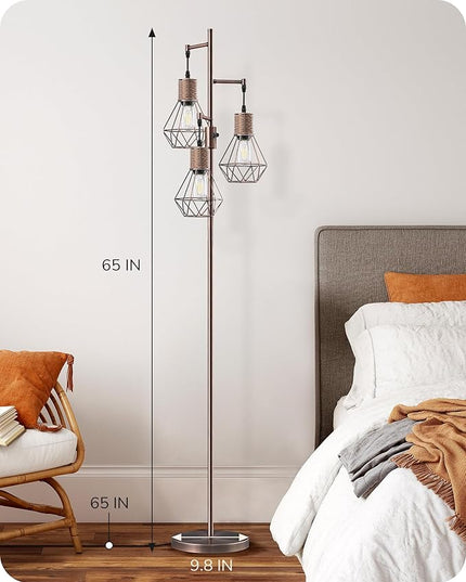 EDISHINE Farmhouse Floor Lamp Dimmable, Industrial Standing Lamp for Living Room, Diamond-Shaped Cage, Corner Rustic Rattan Tall Tree Reading Lamp Home Decor, Electroplated Brushed Red Copper - LeafyLoom