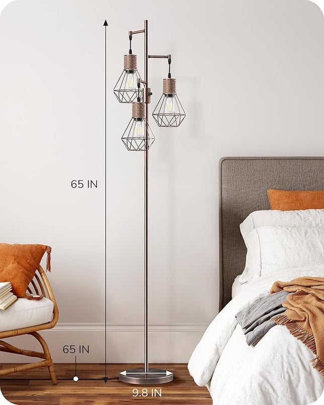 EDISHINE Farmhouse Floor Lamp Dimmable, Industrial Standing Lamp for Living Room, Diamond-Shaped Cage, Corner Rustic Rattan Tall Tree Reading Lamp Home Decor, Electroplated Brushed Red Copper - LeafyLoom