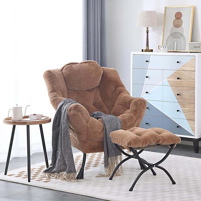 Cozy Lazy Chair and Ottoman, Large Contemporary Accent Lounge Chair Set, Leisure Upholstered Reading Armchair for Bedroom, Living Room, Dorm Rooms, Office - LeafyLoom
