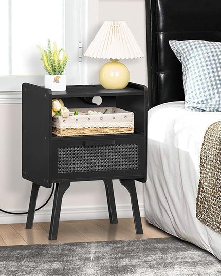 Lerliuo Rattan Nightstands Set of 2 with Charging Station, Boho Side Table with Drawer Open Shelf, Cane Accent Bedside End Table with Solid Wood Legs for Bedroom, Dorm and Small Spaces (Black) - LeafyLoom