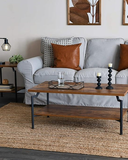 Household Essentials Crown Rectangular Coffee Table with Storage Shelf Rustic Hickory Wood Grain and Black Metal - LeafyLoom