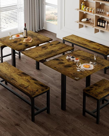 Feonase 5-Piece Dining Table for 4-8 People, 63" Extendable Kitchen Table Set with 2 Benches & 2 Square Stools, Dining Room Table with MDF Wood Board, Easy Clean, Rustic Brown - LeafyLoom
