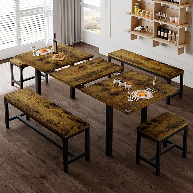 Feonase 5-Piece Dining Table for 4-8 People, 63" Extendable Kitchen Table Set with 2 Benches & 2 Square Stools, Dining Room Table with MDF Wood Board, Easy Clean, Rustic Brown - LeafyLoom