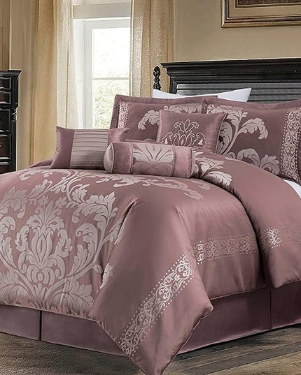 Chezmoi Collection 7-Piece Jacquard Floral Comforter Set (King, Woodrose/Gray) - LeafyLoom