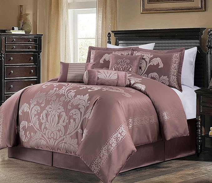 Chezmoi Collection 7-Piece Jacquard Floral Comforter Set (Queen, Woodrose/Gray) - LeafyLoom