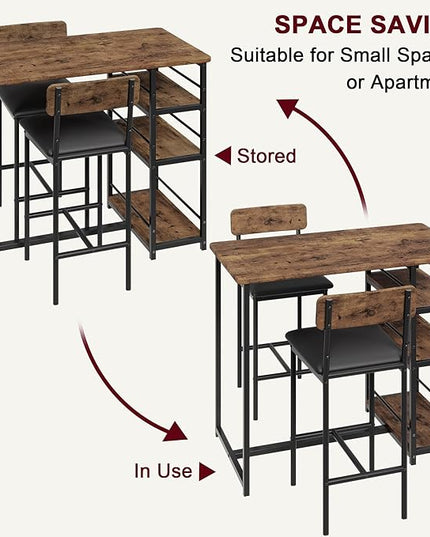 GAOMON Dining Table Set for 2, Kitchen Table and Chairs for 2 with Upholstered Chairs, 3 Piece Counter Height Bar Kitchen Table Set with 3 Storage Shelves for Small Space, Apartment, Rustic Brown - LeafyLoom