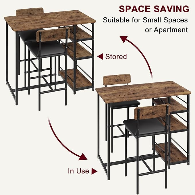 Dining Table Set for 2, Kitchen Table and Upholstered Chairs for 2, 3 Piece Counter Height Bar Table Set with 3 Large Storage Shelves for Small Space, Apartment, Studio, Rustic Brown - LeafyLoom