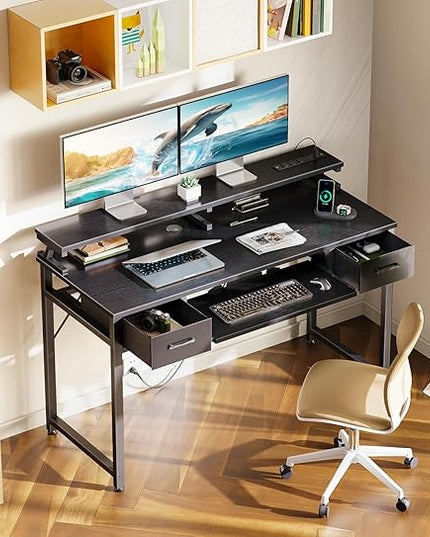 ODK Computer Desk with Drawers, 48 Inch Gaming Desk with Power Outlet, Office Desk with Keyboard Tray, Study Table Work Desk with Monitor Shelf, Writing Desk PC Desk for Home Office, Black - LeafyLoom