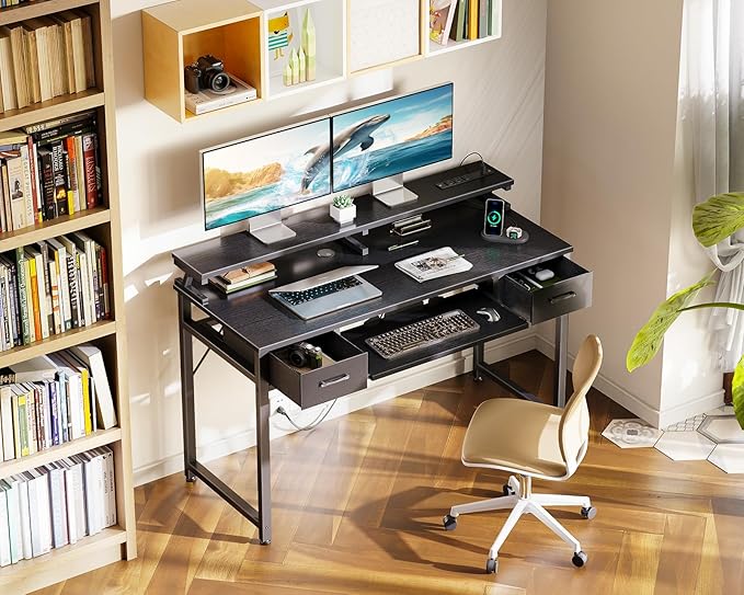 ODK Computer Desk with Drawers, 48 Inch Gaming Desk with Power Outlet, Office Desk with Keyboard Tray, Study Table Work Desk with Monitor Shelf, Writing Desk PC Desk for Home Office, Black - LeafyLoom