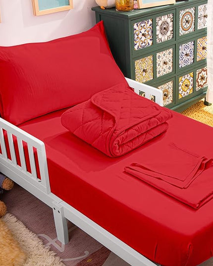 NTBAY Toddler Bedding Set - 4 Piece Soft and Breathable Crib Bedding Set for Boys and Girls, Includes Quilted Comforter, Fitted Sheet, Flat Top Sheet and Envelope Pillowcase, Wine Red - LeafyLoom