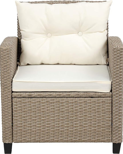 4-Piece Outdoor Rattan Sofa Sets, Patio Furniture Conversation Sectional Couch with Chaise Lounge, Single Sofachair, Seat Cushions and Glass Table, for Garden Backyard Deck, Onesize, Beige - LeafyLoom