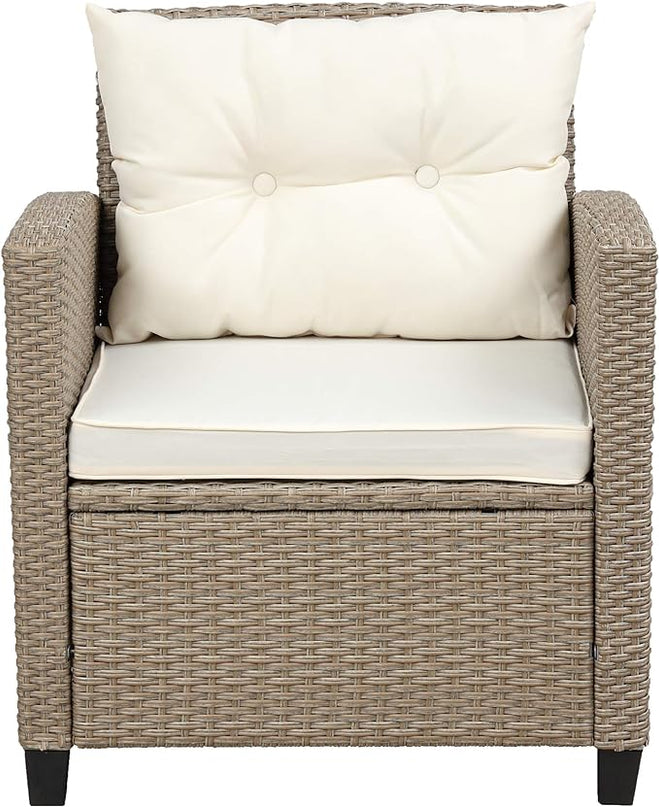 4-Piece Outdoor Rattan Sofa Sets, Patio Furniture Conversation Sectional Couch with Chaise Lounge, Single Sofachair, Seat Cushions and Glass Table, for Garden Backyard Deck, Onesize, Beige - LeafyLoom