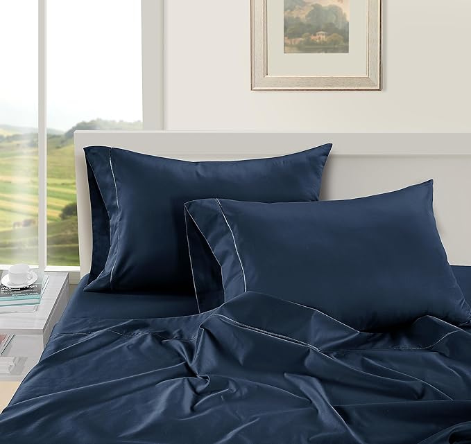 LANE LINEN 100% Egyptian Cotton Twin Sheets Set (3 Pc) – 1000 Thread Count – Sateen Weave - Ultra Soft Twin Bed Sheets – Luxury Hotel Bedding – Twin Size Sheets Set with Deep Pockets – Estate Blue - LeafyLoom