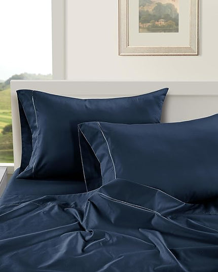 LANE LINEN 100% Egyptian Cotton Bed Sheets - 1000 Thread Count 4-Piece King Sheets Set, Long Staple Cotton Bedding Sheets, Sateen Weave, Luxury Hotel Sheets, Fits Upto 16" Mattress - Estate Blue - LeafyLoom